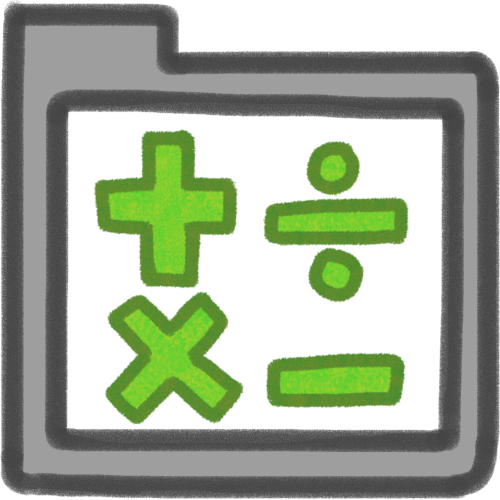 a white folder with 4 green math signs outlined in a darker green. top left : plus sign, top right : division sign, bottom left : multiplication sign, bottom right : subtraction sign, all are outlined again in white